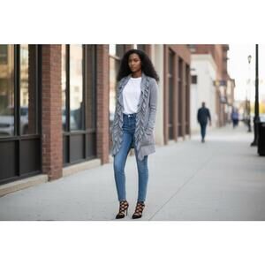 Moa Moa Gray Ruffled Open Front Women's Cardigan Sweater